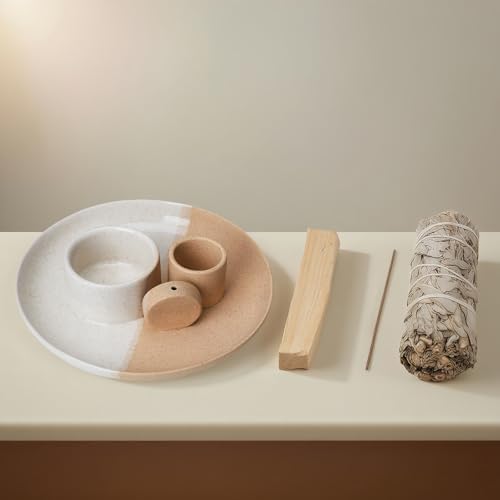 4 in 1 Incense Holder with Ash Catcher Tray - White Sand Ceramic Design