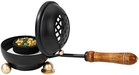 Premium Handmade Black Iron Incense Burner with Wooden Handle and Lid