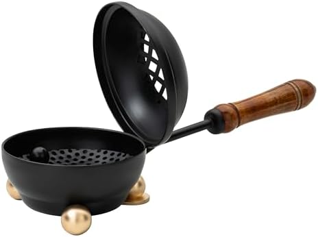Premium Handmade Black Iron Incense Burner with Wooden Handle and Lid