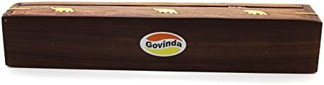 Govinda Wooden Coffin Incense Burner - 12 Inch Elephant Brass Inlay Storage Compartment
