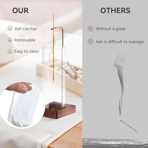 1 Pack Incense Holder for Sticks Anti-Ash Flying Walnut Wood Base Brass Stand Removable Glass Ash Catcher