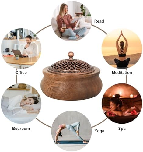 2 Pack Incense Cone Holder Retro Wooden Burner with Brass Lid