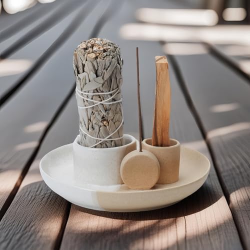 4 in 1 Incense Holder with Ash Catcher Tray - White Sand Ceramic Design