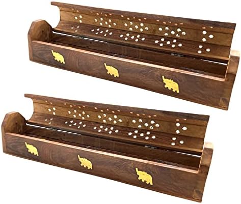 2 Pack Wooden Coffin Incense Burner with Brass Inlays and Storage Compartment
