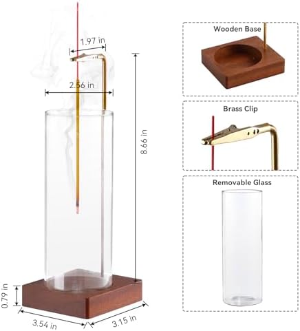 1 Pack Incense Holder for Sticks Anti-Ash Flying Walnut Wood Base Brass Stand Removable Glass Ash Catcher
