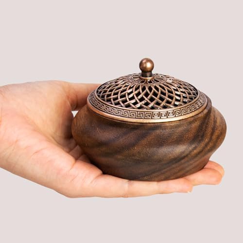 2 Pack Incense Cone Holder Retro Wooden Burner with Brass Lid