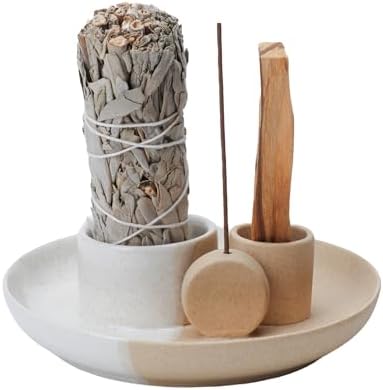 4 in 1 Incense Holder with Ash Catcher Tray - White Sand Ceramic Design