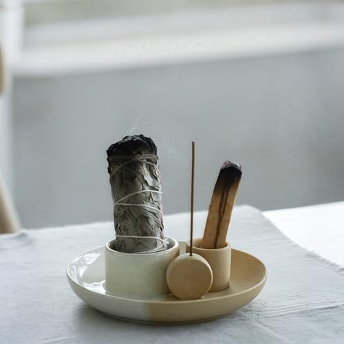 4 in 1 Incense Holder with Ash Catcher Tray - White Sand Ceramic Design
