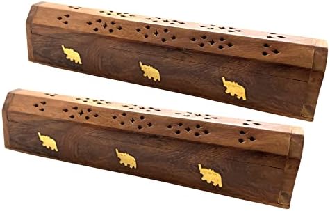 2 Pack Wooden Coffin Incense Burner with Brass Inlays and Storage Compartment