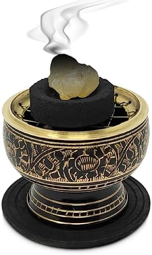 India Small Decorated Brass Incense Burner with Wooden Coaster