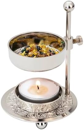 Premium Handmade Nickel-Plated Brass Incense Burner with Adjustable Height 433 Inch - Includes Screen and Tealight