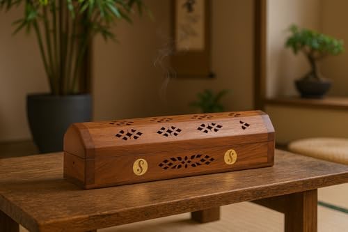 Handcrafted Wooden Incense Stick Holder with Brass Inlays