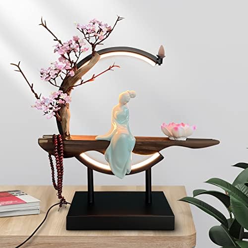 Lotus Flower Backflow Incense Holder with LED Light Ceramic Hand-Made Burner Moon Style Design for Home Office Decor
