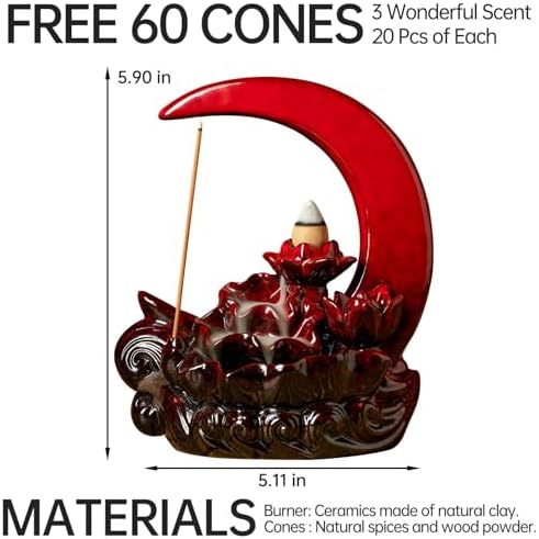 Moon Incense Burner with 60 Cones and 30 Sticks Red