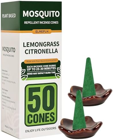 50 Pcs Citronella Incense Cones with 2 Ceramic Dishes