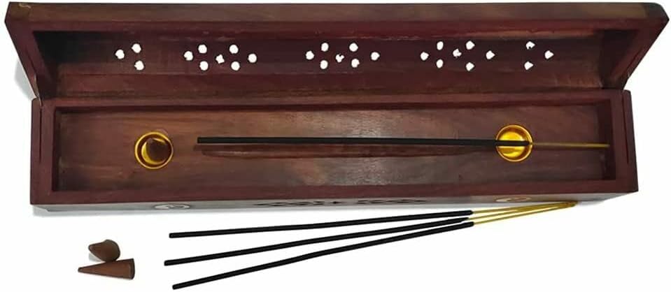 Handcrafted Wooden Incense Stick Holder with Brass Inlays