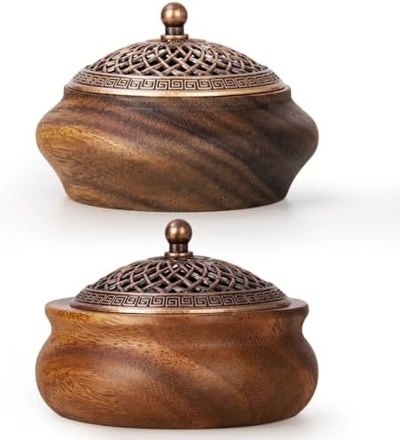2 Pack Incense Cone Holder Retro Wooden Burner with Brass Lid