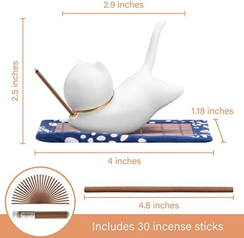 Essen Life Cat Incense Holder Set with 30 Sticks and Bamboo Mat
