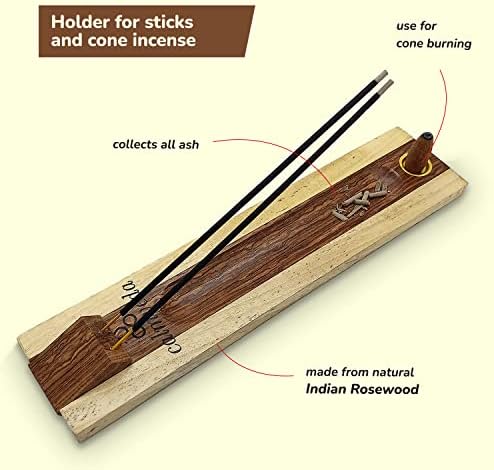 Rosewood Incense Holder for Sticks - 11 Inch Dual Burners with Cone Holder