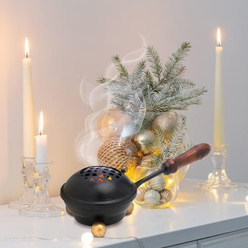 Premium Handmade Black Iron Incense Burner with Wooden Handle and Lid