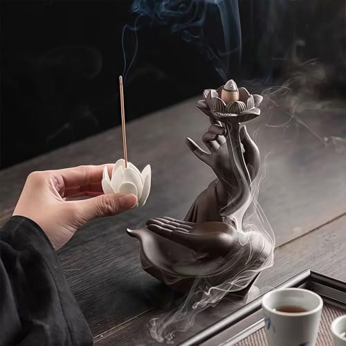 Lotus in Hand Backflow Incense Burner with 50 Sandalwood Cones and 40 Sticks