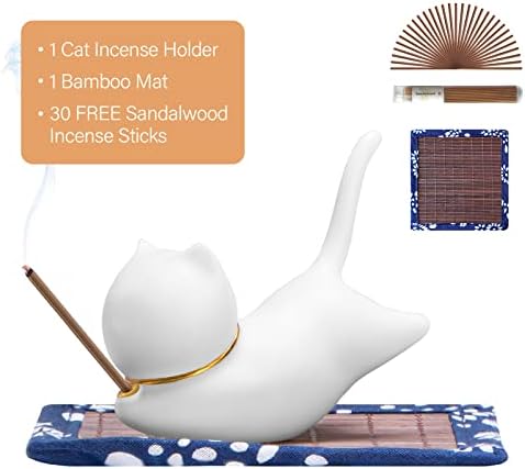 Essen Life Cat Incense Holder Set with 30 Sticks and Bamboo Mat