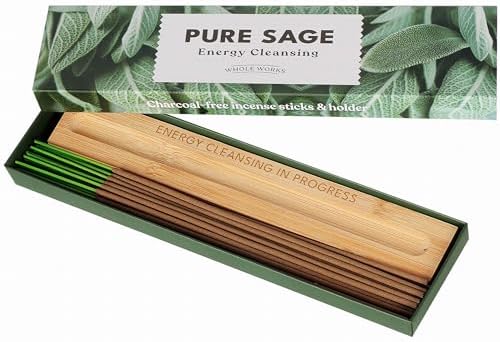 Premium Sage Incense Sticks with Energy Cleansing Holder - Charcoal Free for Safe Burn - 30 Sticks