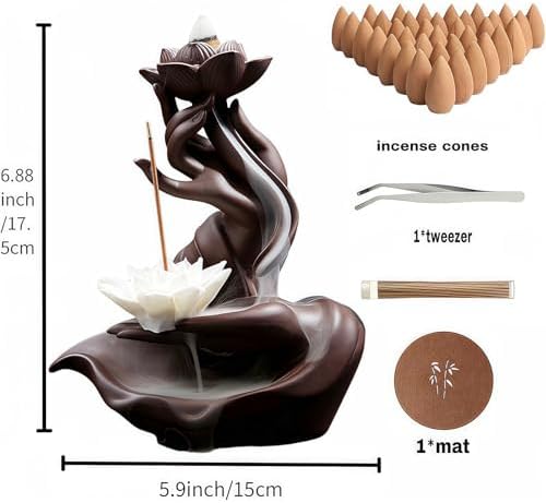 Lotus in Hand Backflow Incense Burner with 50 Sandalwood Cones and 40 Sticks
