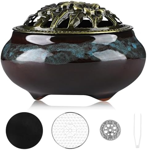 Handmade Ceramic Incense Burner with Metal Lid - Fambe Blue