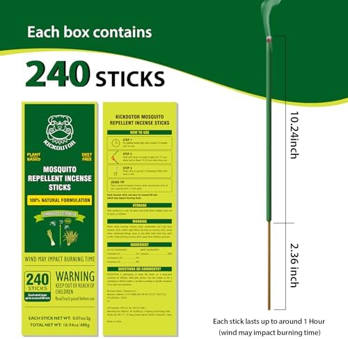 KICKOUTOR 240PCS Natural Citronella Incense Sticks Mosquito Repellent