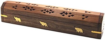 Govinda Wooden Coffin Incense Burner - 12 Inch Elephant Brass Inlay Storage Compartment