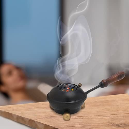 Premium Handmade Black Iron Incense Burner with Wooden Handle and Lid