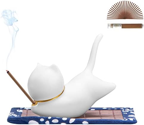 Essen Life Cat Incense Holder Set with 30 Sticks and Bamboo Mat