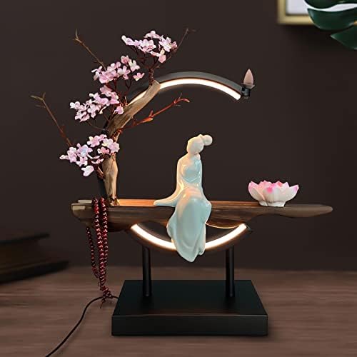 Lotus Flower Backflow Incense Holder with LED Light Ceramic Hand-Made Burner Moon Style Design for Home Office Decor