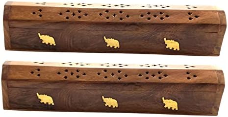 2 Pack Wooden Coffin Incense Burner with Brass Inlays and Storage Compartment