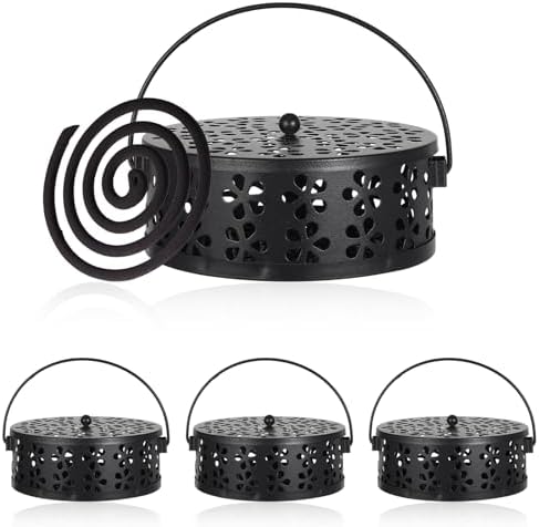 Tobeelec 4 Pcs Mosquito Coil Holder Outdoor Metal Incense Burner Holder with Handle Black Round Design