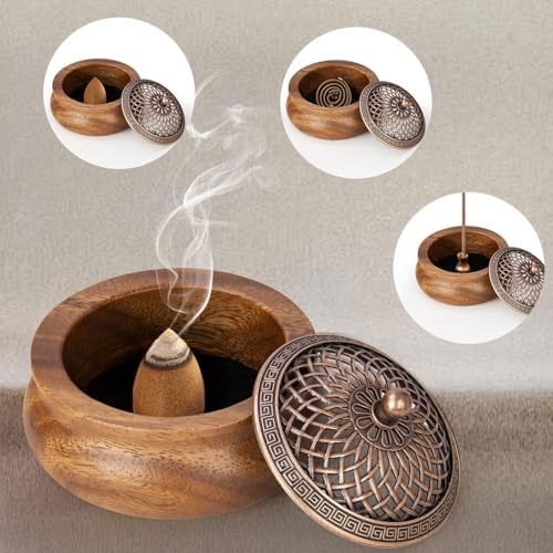 2 Pack Incense Cone Holder Retro Wooden Burner with Brass Lid