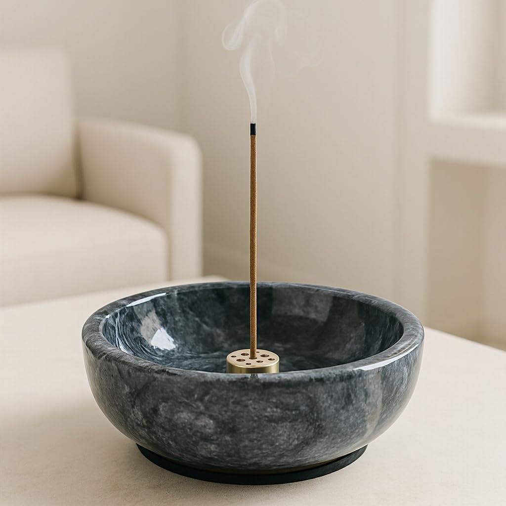Marble Incense Holder with Brass Burner for Sticks and Cones