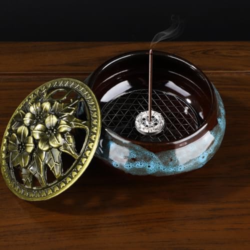 Handmade Ceramic Incense Burner with Metal Lid - Fambe Blue
