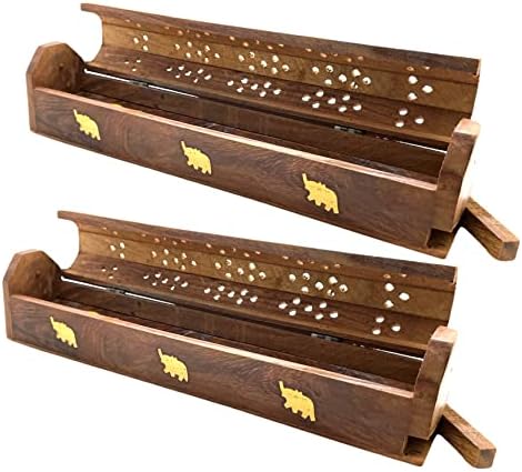 2 Pack Wooden Coffin Incense Burner with Brass Inlays and Storage Compartment