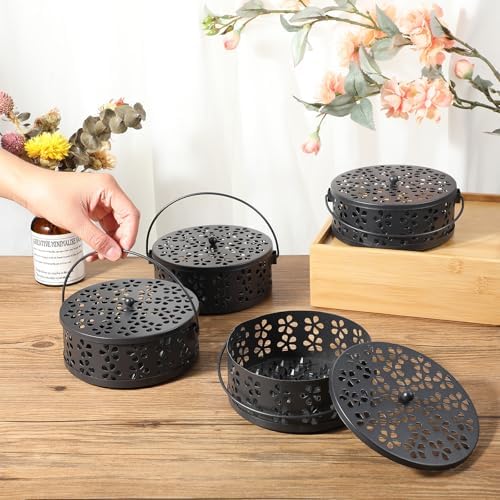 Tobeelec 4 Pcs Mosquito Coil Holder Outdoor Metal Incense Burner Holder with Handle Black Round Design