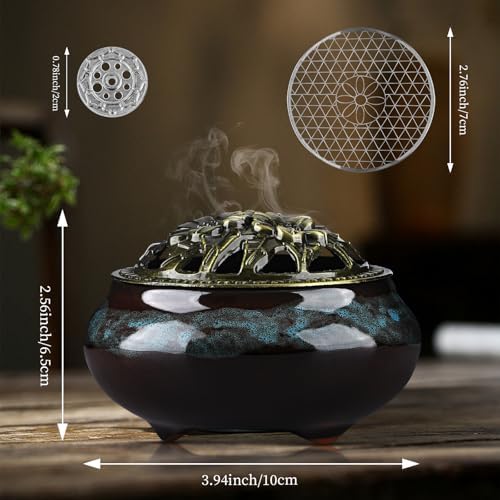 Handmade Ceramic Incense Burner with Metal Lid - Fambe Blue