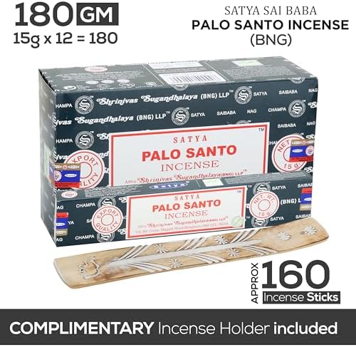 Satya Nag Champa Palo Santo Incense Sticks 15gmx12 Pack with Raajsee Incense Holder