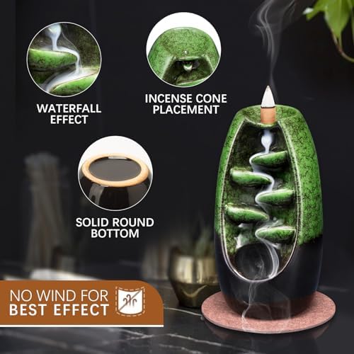 SPACEKEEPER Ceramic Incense Burner with Waterfall Effect and 120 Cones 30 Sticks