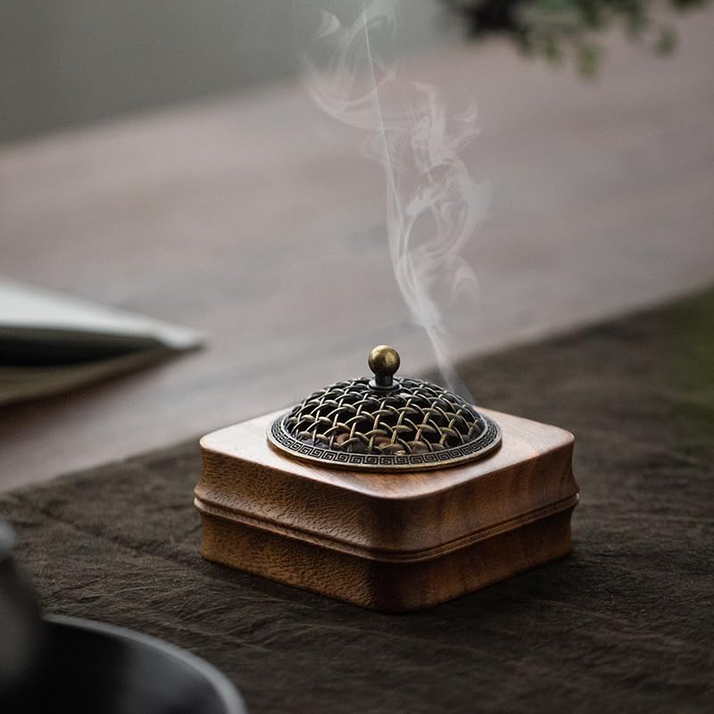 Bamboo Node Walnut Incense Burner Holder 4 Handcrafted Square Censer with Alloy Lid for Sticks Cones Yoga Meditation