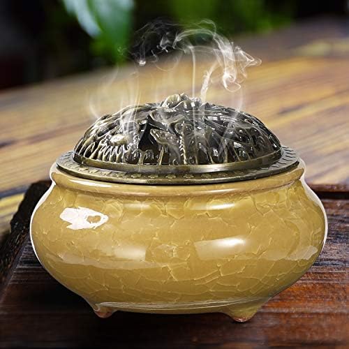 Miupoo Yellow Ceramic Incense Burner with Brass Holder