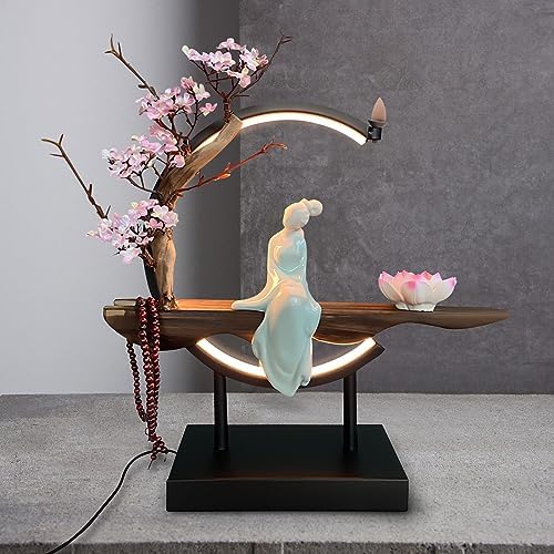 Lotus Flower Backflow Incense Holder with LED Light Ceramic Hand-Made Burner Moon Style Design for Home Office Decor