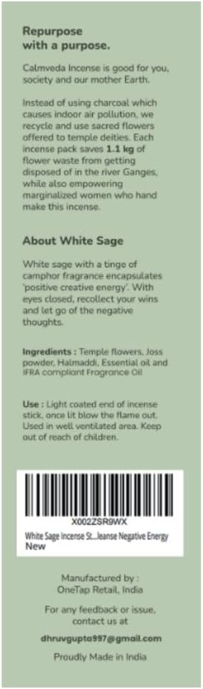 White Sage Incense Sticks - 80 Pack Charcoal Free Upcycled Flower Made Cleansing Protection