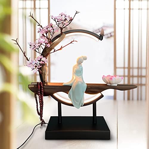 Lotus Flower Backflow Incense Holder with LED Light Ceramic Hand-Made Burner Moon Style Design for Home Office Decor