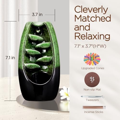 SPACEKEEPER Ceramic Incense Burner with Waterfall Effect and 120 Cones 30 Sticks
